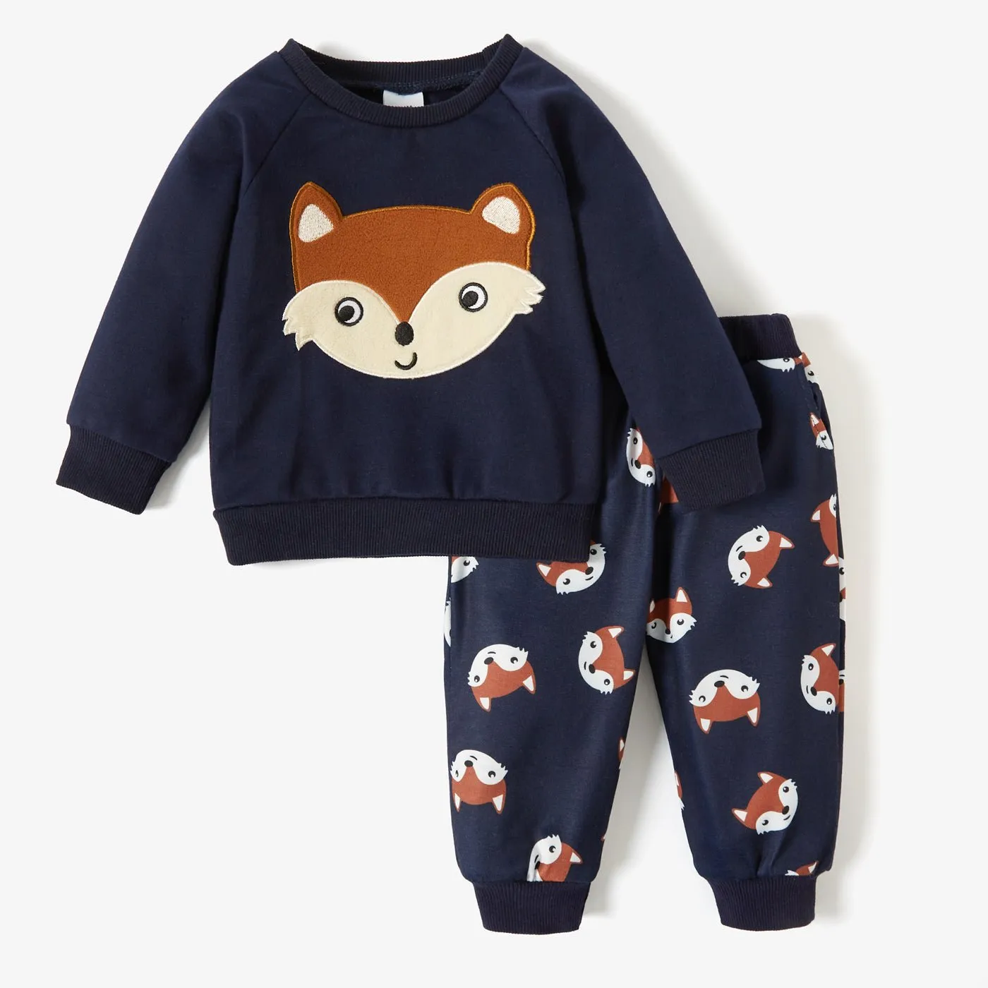 2pcs Cartoon Fox Pattern Navy Baby Long-sleeve Cotton Pullover and Pants Set