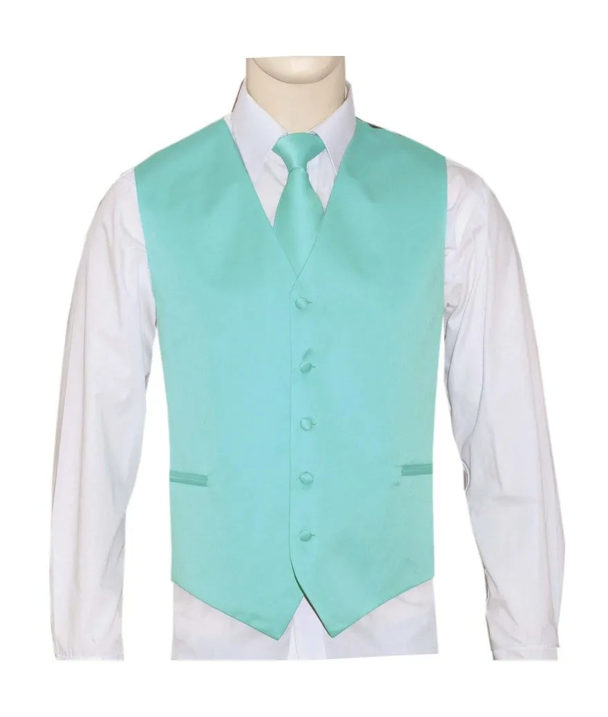 Brand Q. Men's Satin Aqua Color Tuxedo Vest and Tie