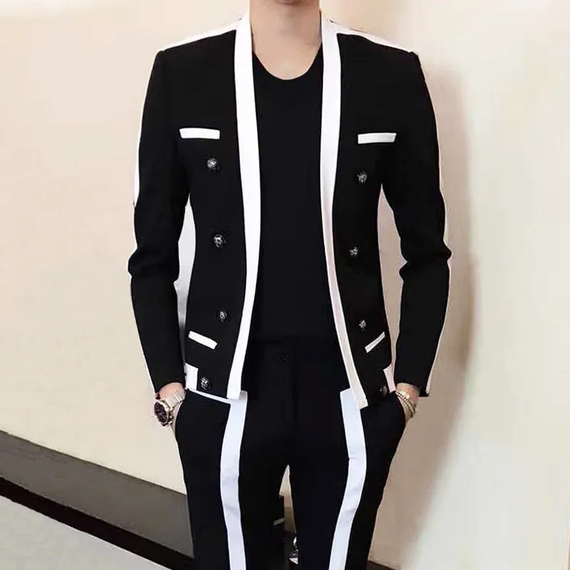 Contrast Stripe Blalck White Suit Male Wedding Groom Suit 2019 Autumn Winter Disguised Men Slim Fit Stage Outfit Mens Party Suit