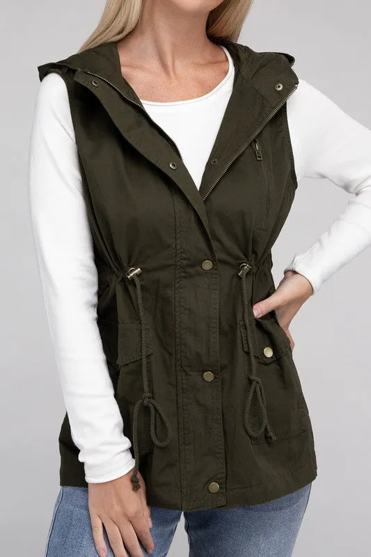 Drawstring Waist Military Hoodie Vest - online exclusive