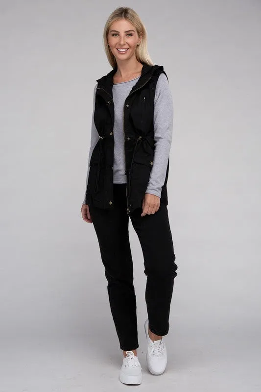 Drawstring Waist Military Hoodie Vest - online exclusive