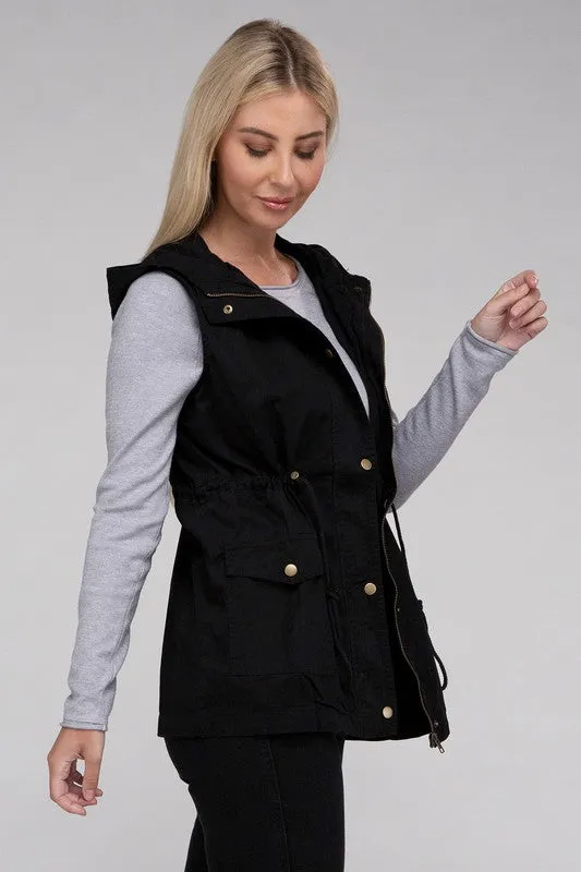 Drawstring Waist Military Hoodie Vest - online exclusive