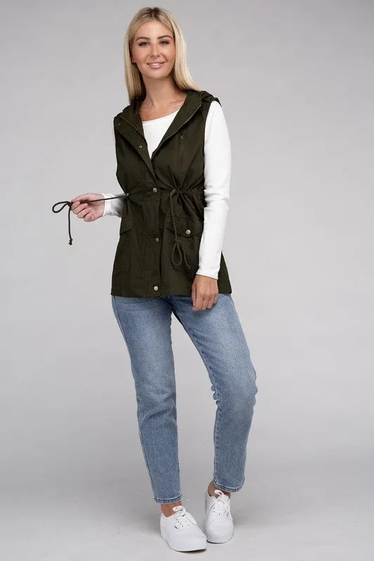 Drawstring Waist Military Hoodie Vest - online exclusive