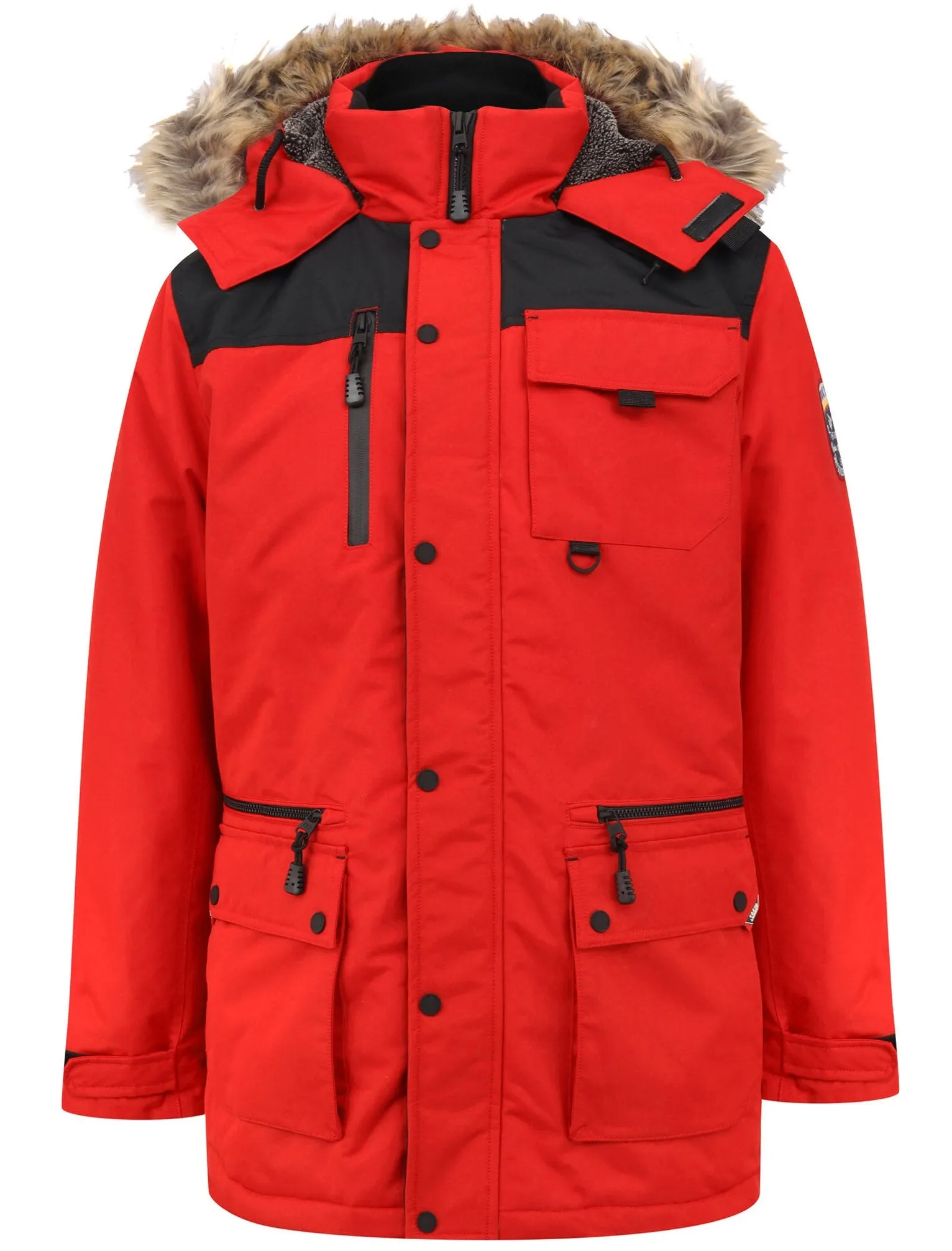 Haakon Colour Block Utility Parka Coat with Faux Fur Lined Hood in Barbados Cherry - Tokyo Laundry