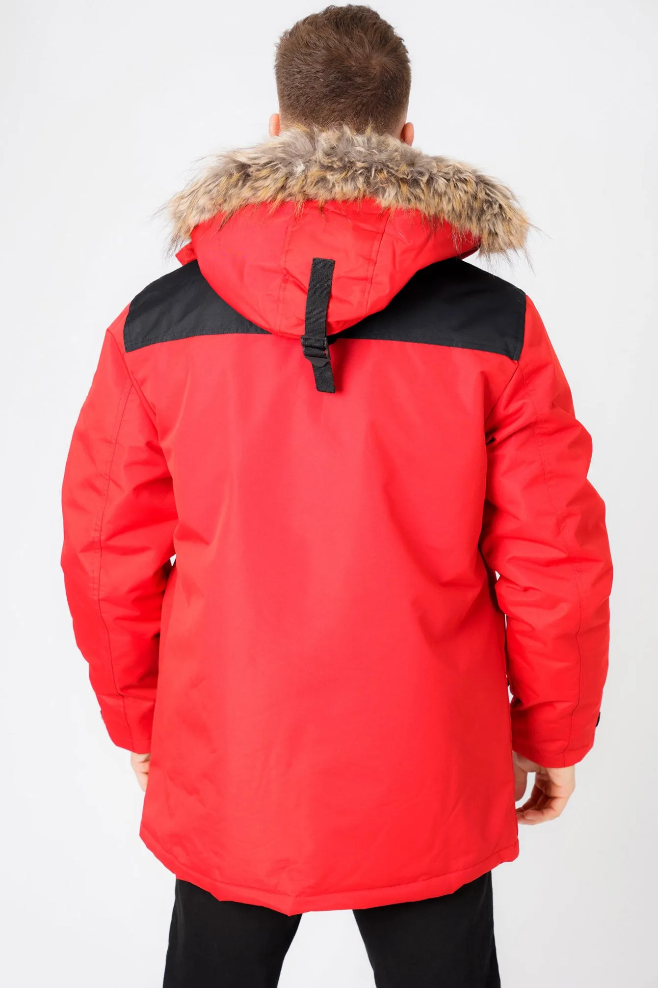 Haakon Colour Block Utility Parka Coat with Faux Fur Lined Hood in Barbados Cherry - Tokyo Laundry