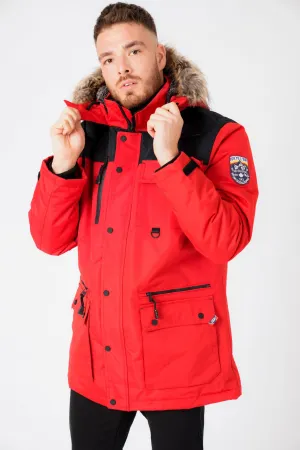 Haakon Colour Block Utility Parka Coat with Faux Fur Lined Hood in Barbados Cherry - Tokyo Laundry