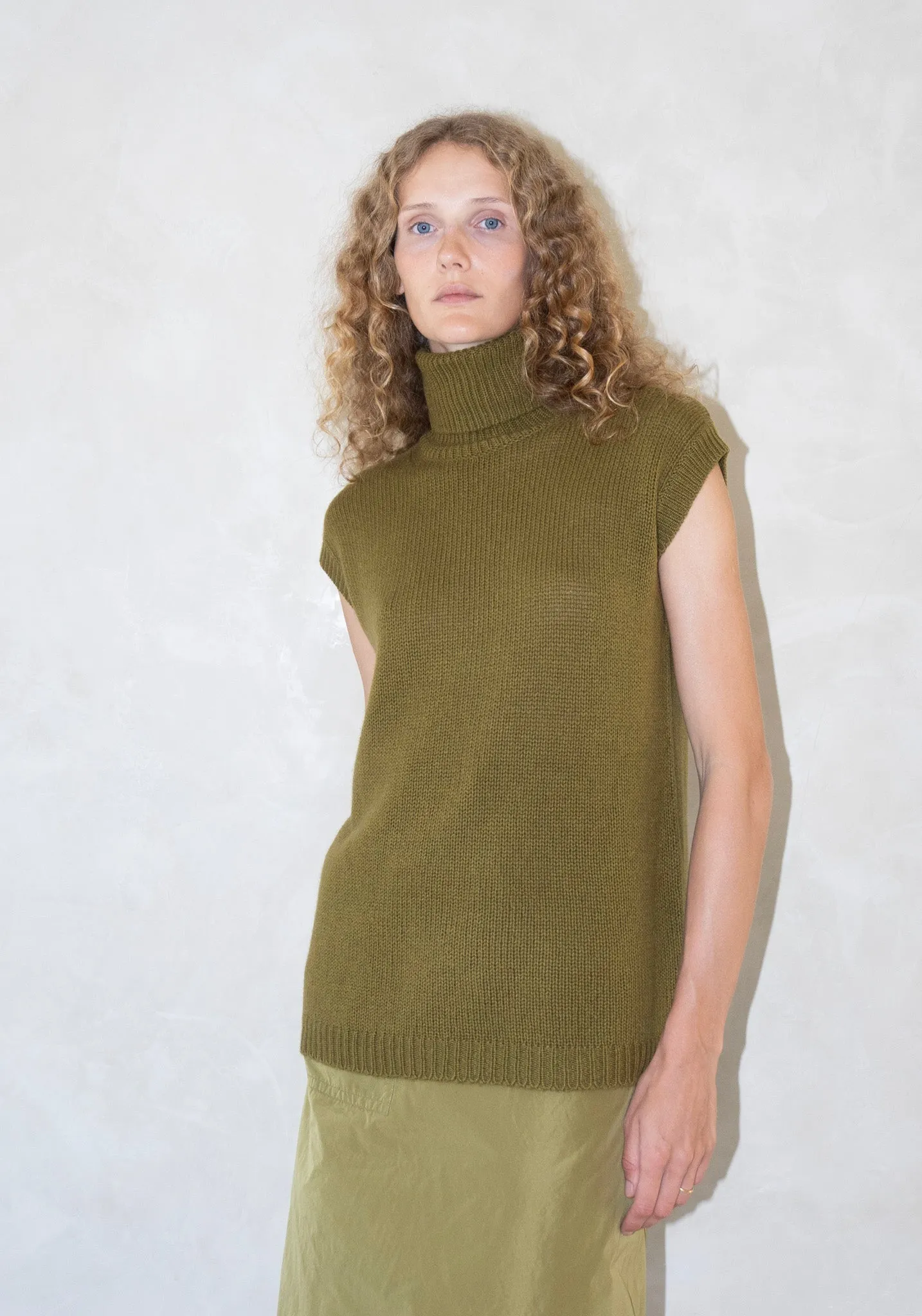 High Neck Sleeveless Vest in Olive