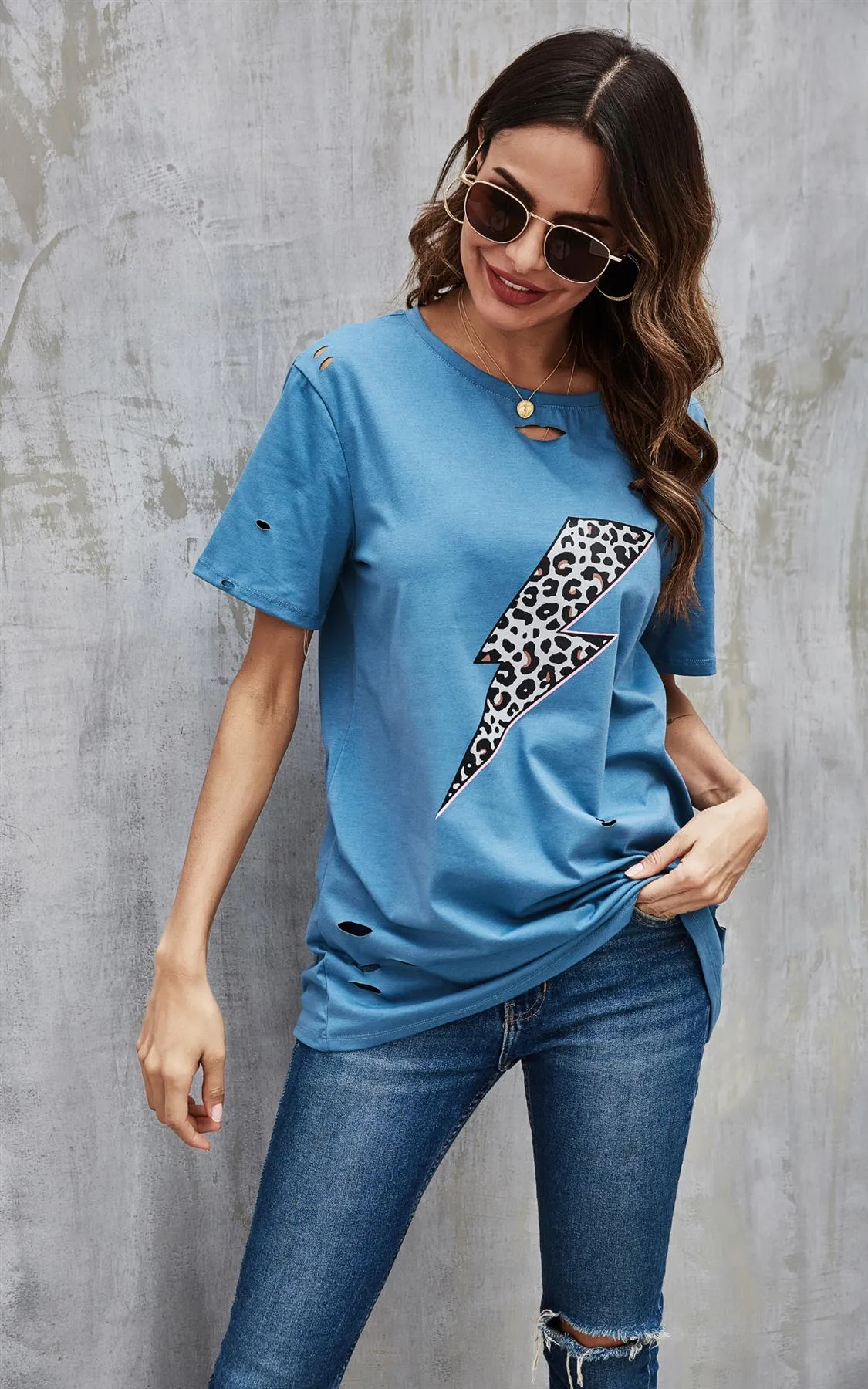 Leopard Super Bold Bolt Print T Shirt Top In Blue