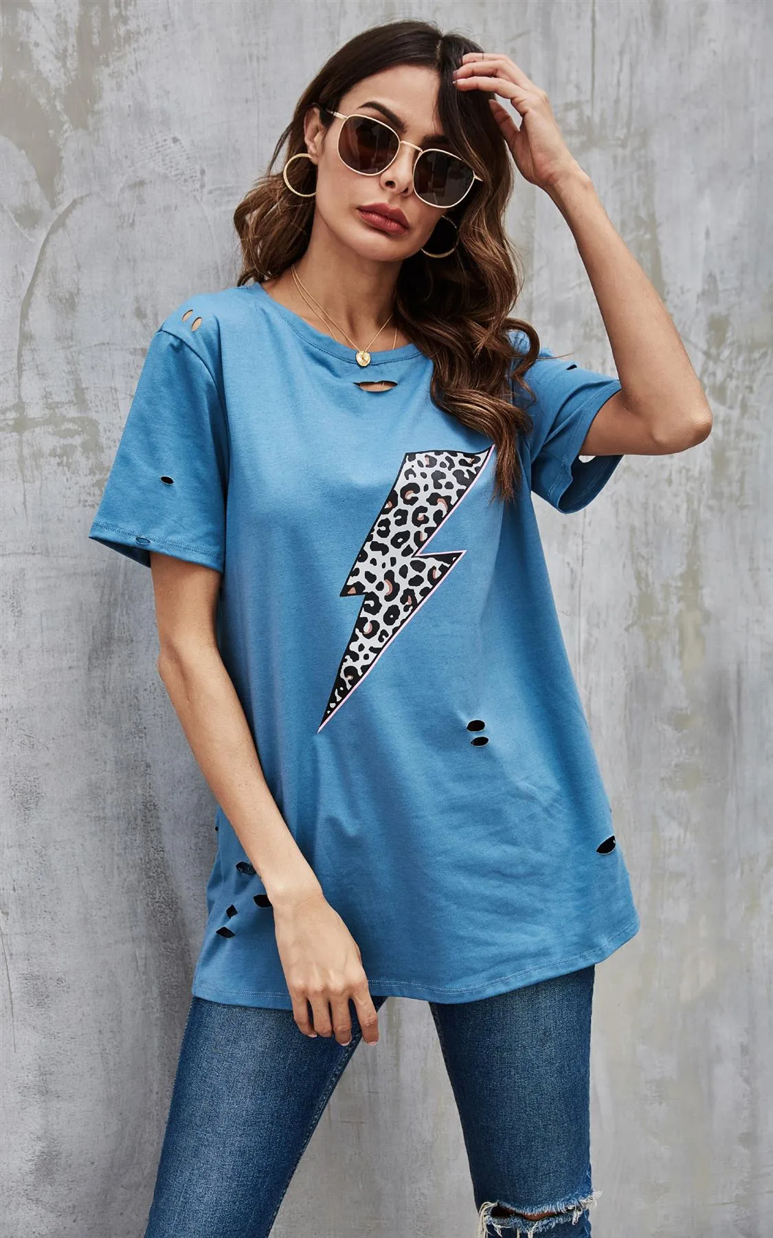 Leopard Super Bold Bolt Print T Shirt Top In Blue