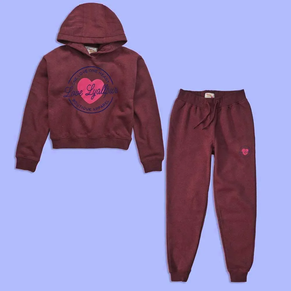 Love Lyallpur Girl's Heart Printed Fleece Hooded Crop Top Suit