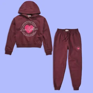 Love Lyallpur Girl's Heart Printed Fleece Hooded Crop Top Suit