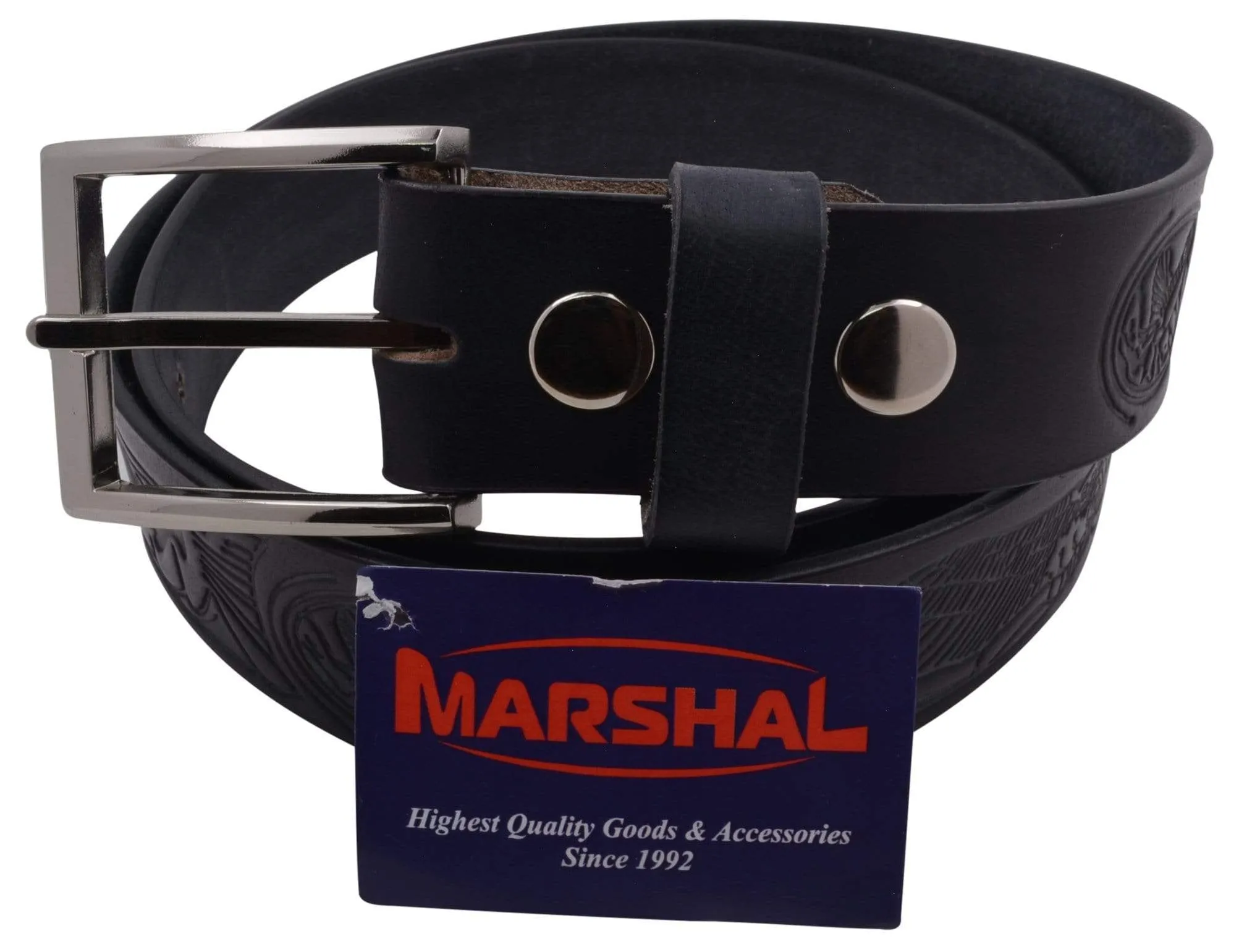 Marshal Men's Black Durable Leather Belt W/Silver Buckle