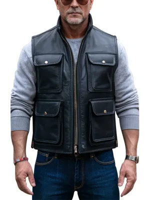 Men's Black Leather Utility Vest With Multiple Pockets