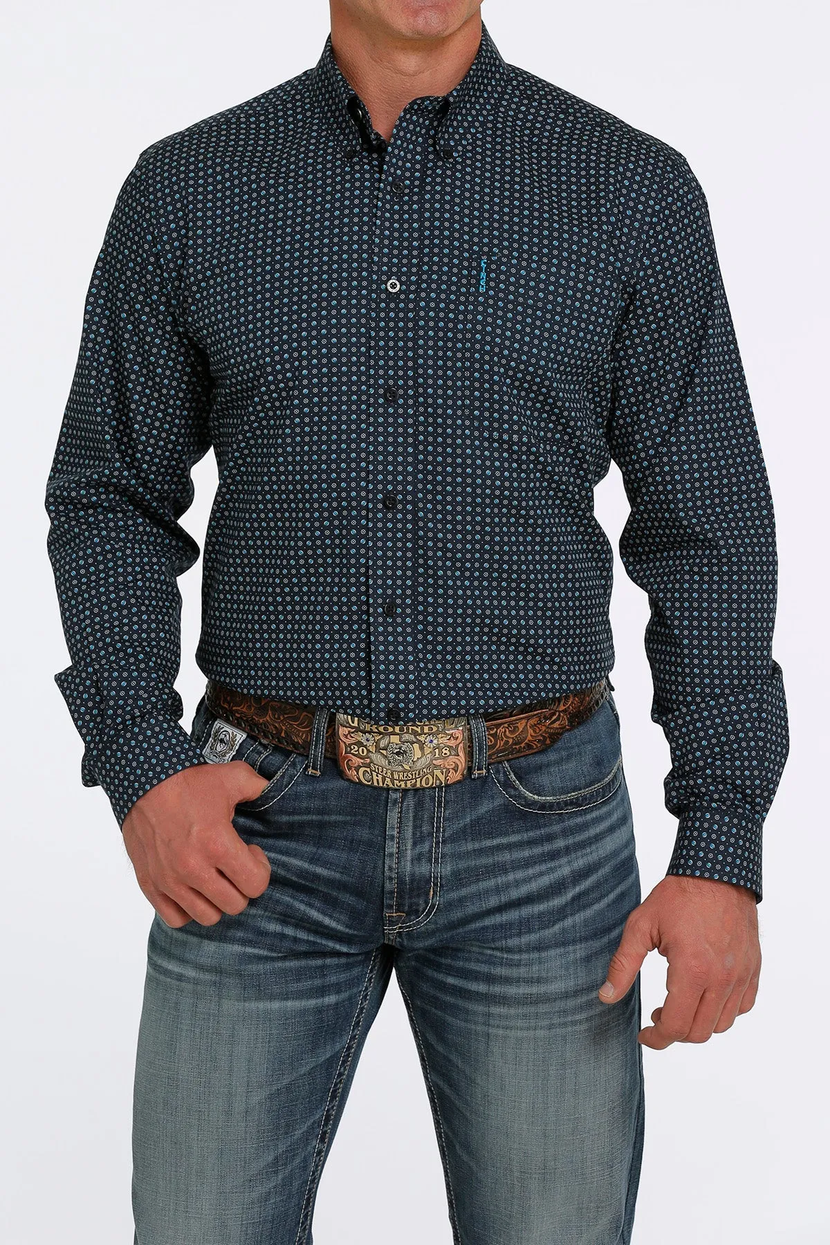 Men's Cinch Modern Fit Blue Pring Long Sleeve Shirt - MTW1347057