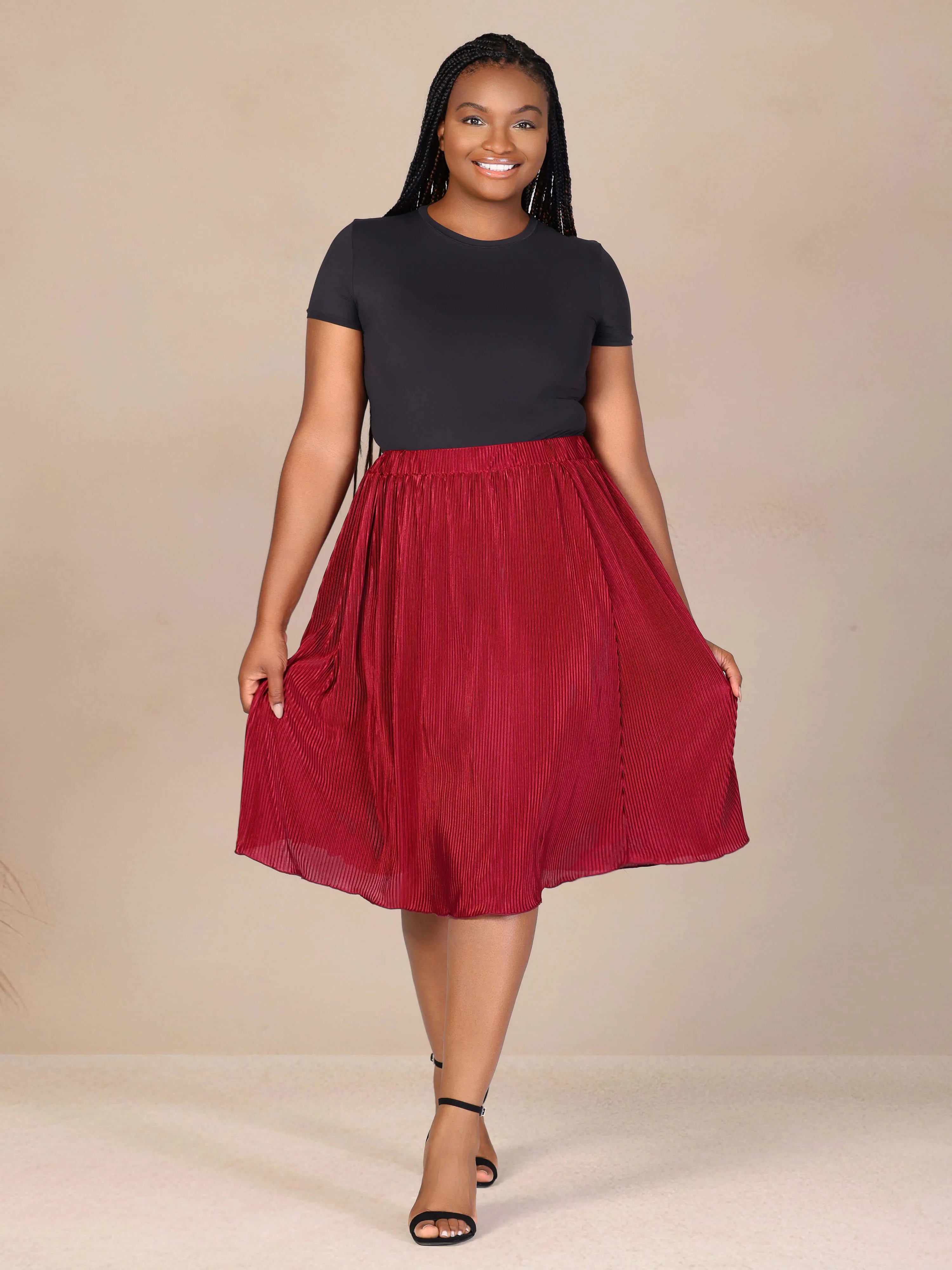 Plus Size Elegant Accordion Pleated Elastic Waistband Party Midi Skirt