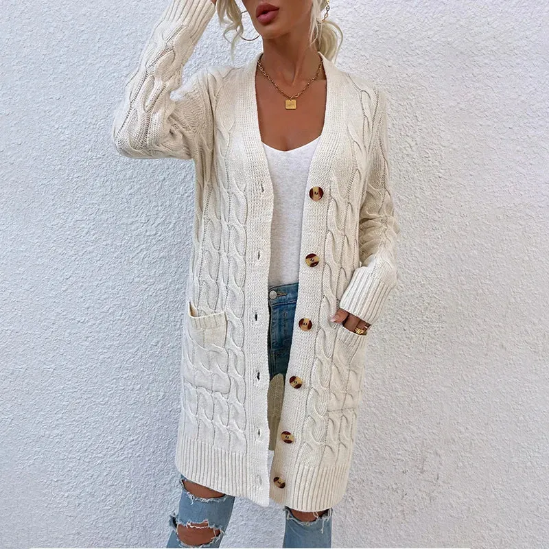 Twisted Rope Solid Color Knitted Long Autumn Winter Sweaters Coats