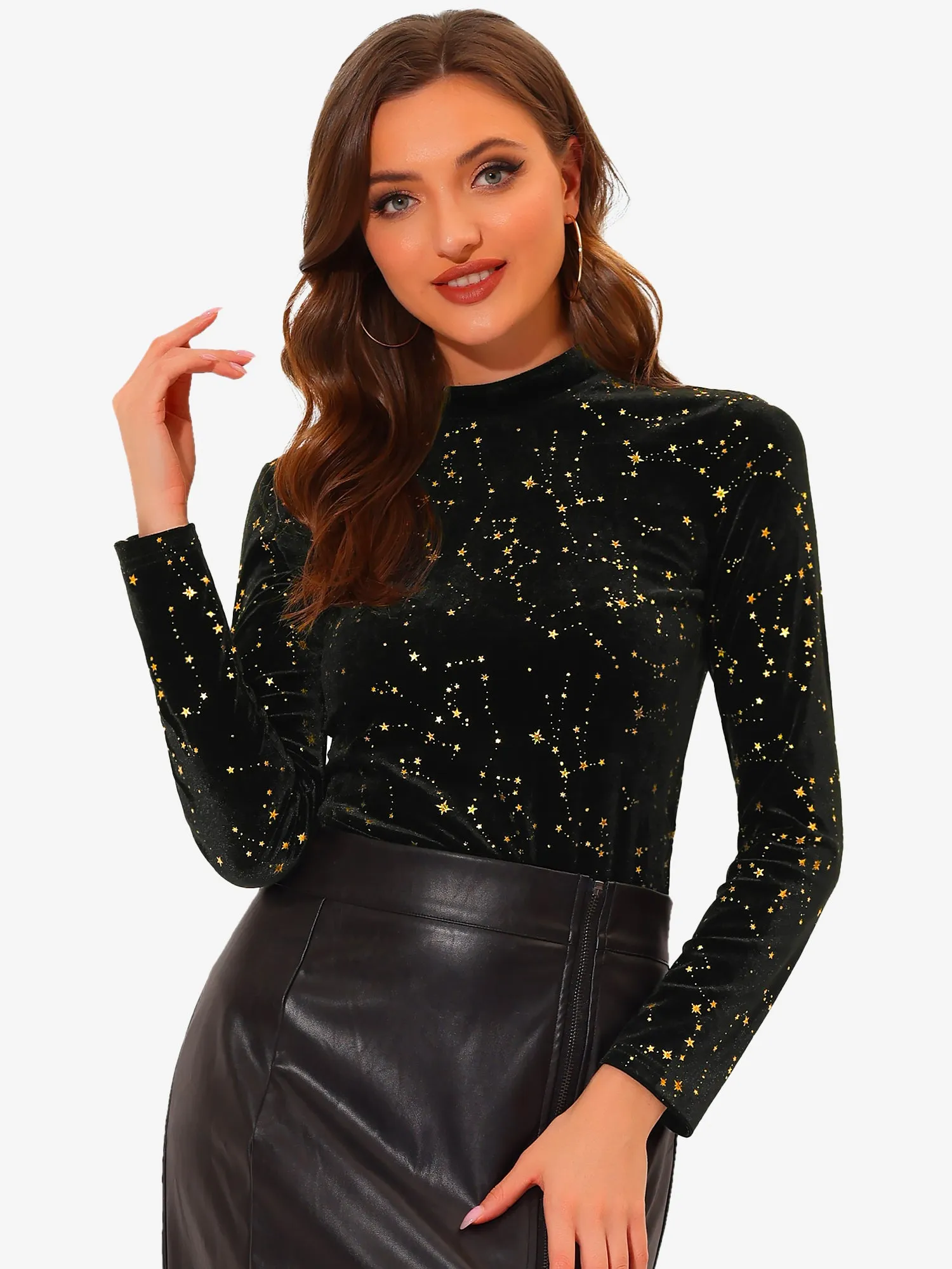 Velvet Blouse Stand Collar Long Sleeve Stars Tops