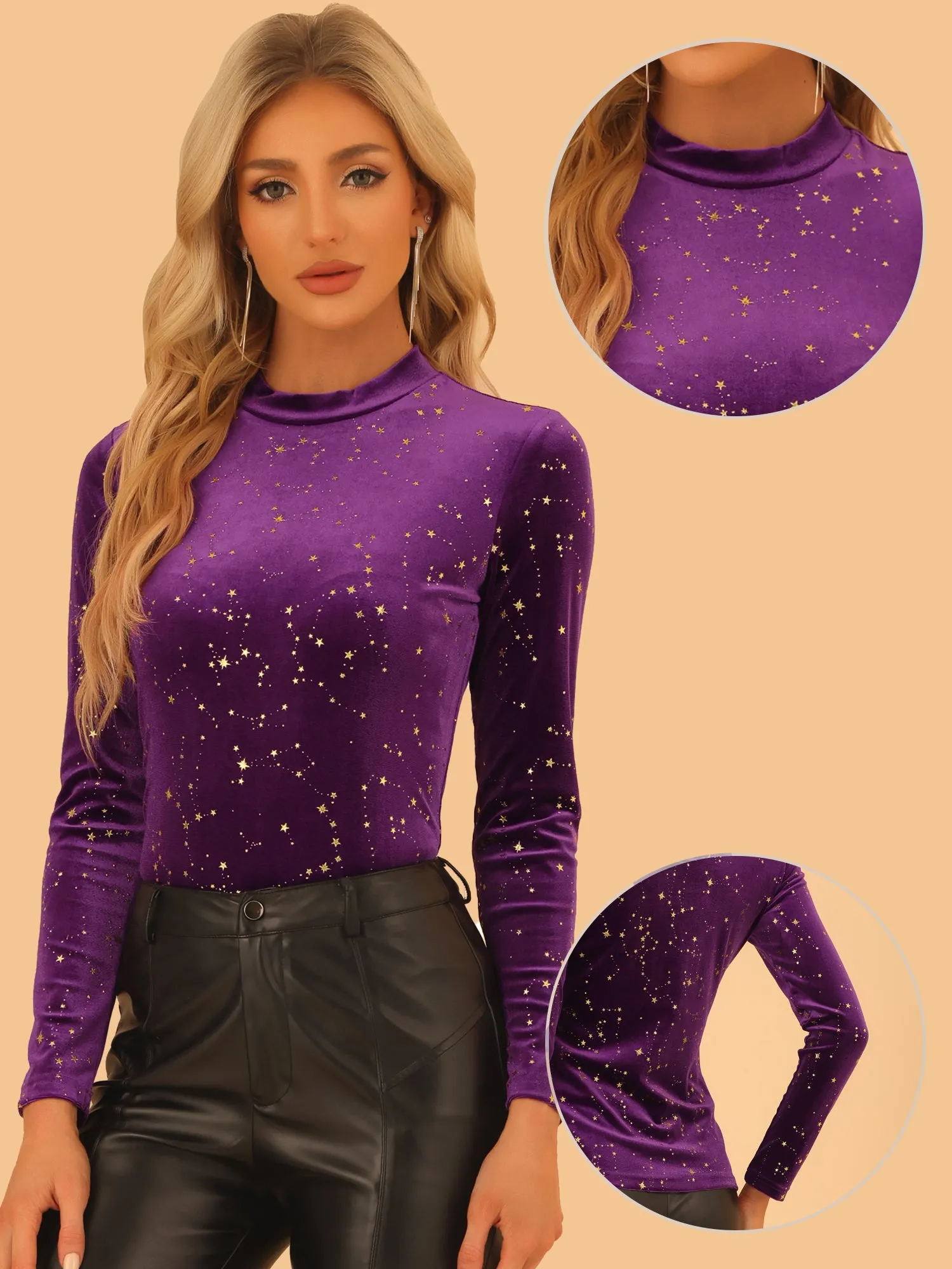 Velvet Blouse Stand Collar Long Sleeve Stars Tops