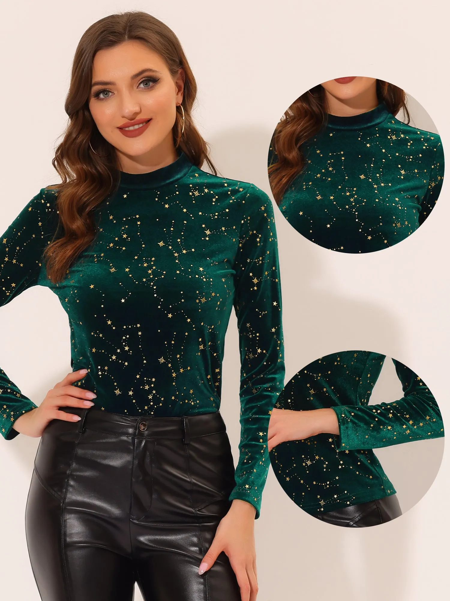 Velvet Blouse Stand Collar Long Sleeve Stars Tops