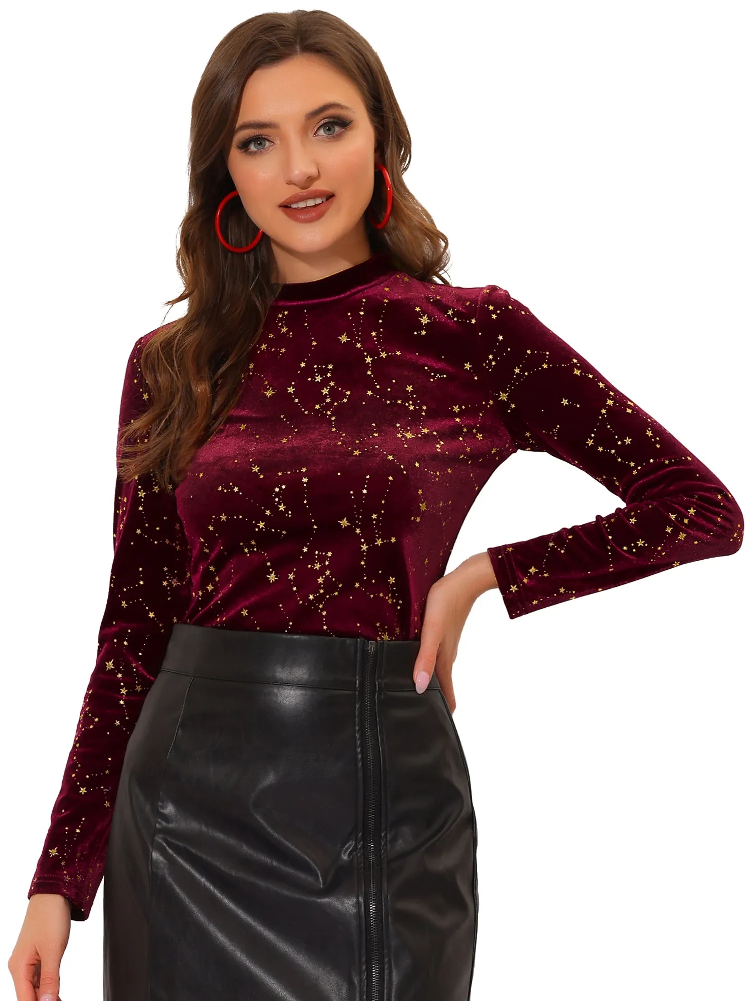 Velvet Blouse Stand Collar Long Sleeve Stars Tops