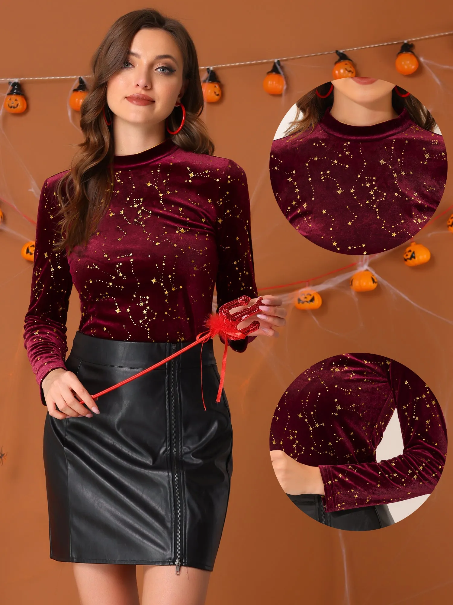 Velvet Blouse Stand Collar Long Sleeve Stars Tops