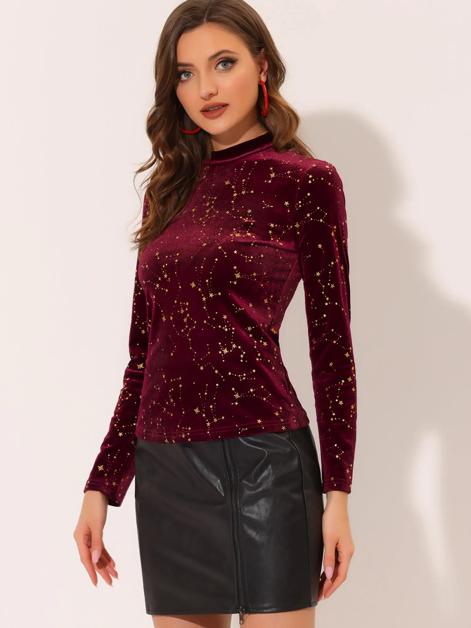 Velvet Blouse Stand Collar Long Sleeve Stars Tops