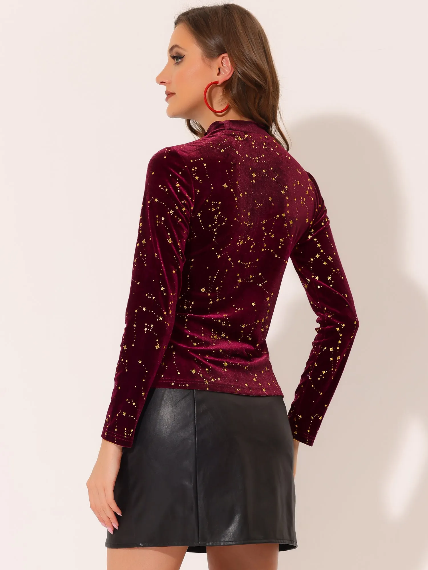 Velvet Blouse Stand Collar Long Sleeve Stars Tops