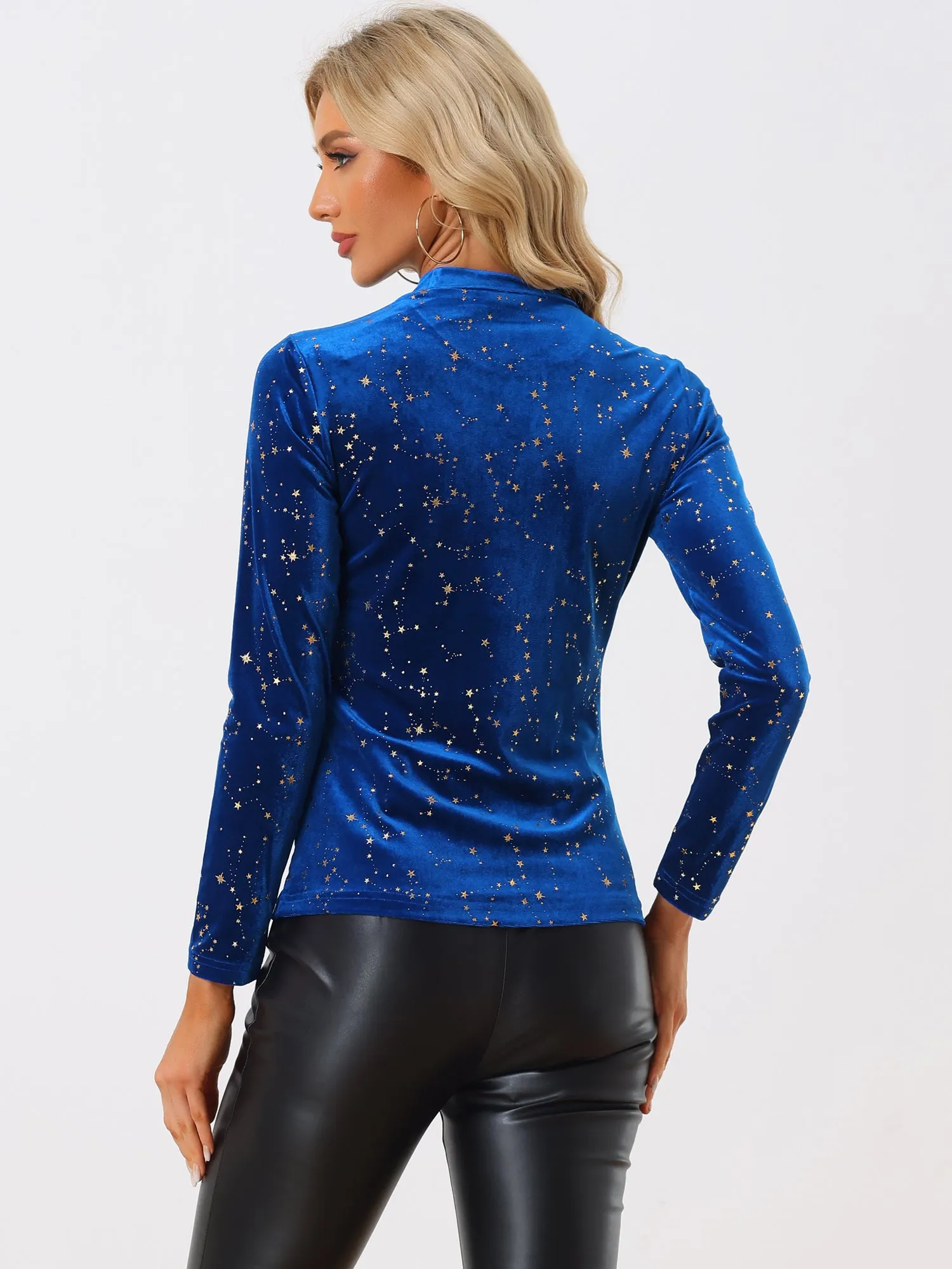 Velvet Blouse Stand Collar Long Sleeve Stars Tops