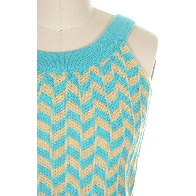 Vintage  Sweater Tank Style 1960s Blue Yellow Wool Knit Unique Small