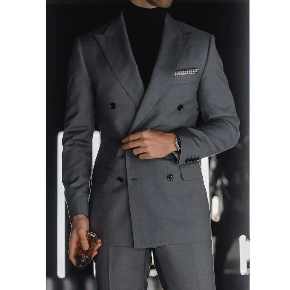 Wiaofellas  -  Elegant Gray Men Suits 2 Piece Fashion Peak Lapel Wedding Party Tuxedo Formal Business Casual Daily Male Suit (Jacket Pants)