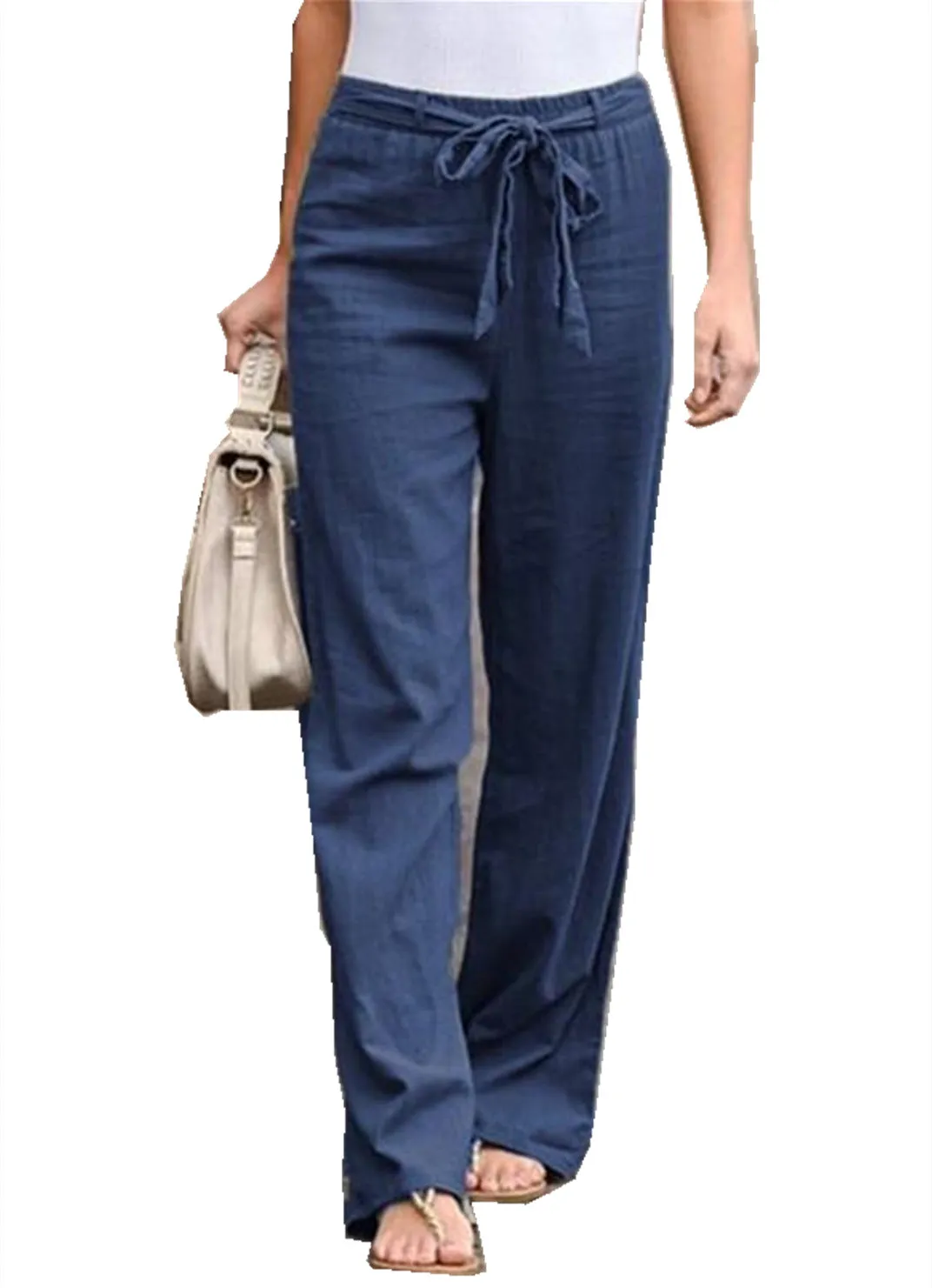 Women's Simple Comfortable Elastic Waist Linen Trousers Pants