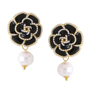 Yellow Chimes Earrings For Women Black Color Flower Stud With Pearl Hanging Drop Earrings For Women and Girls