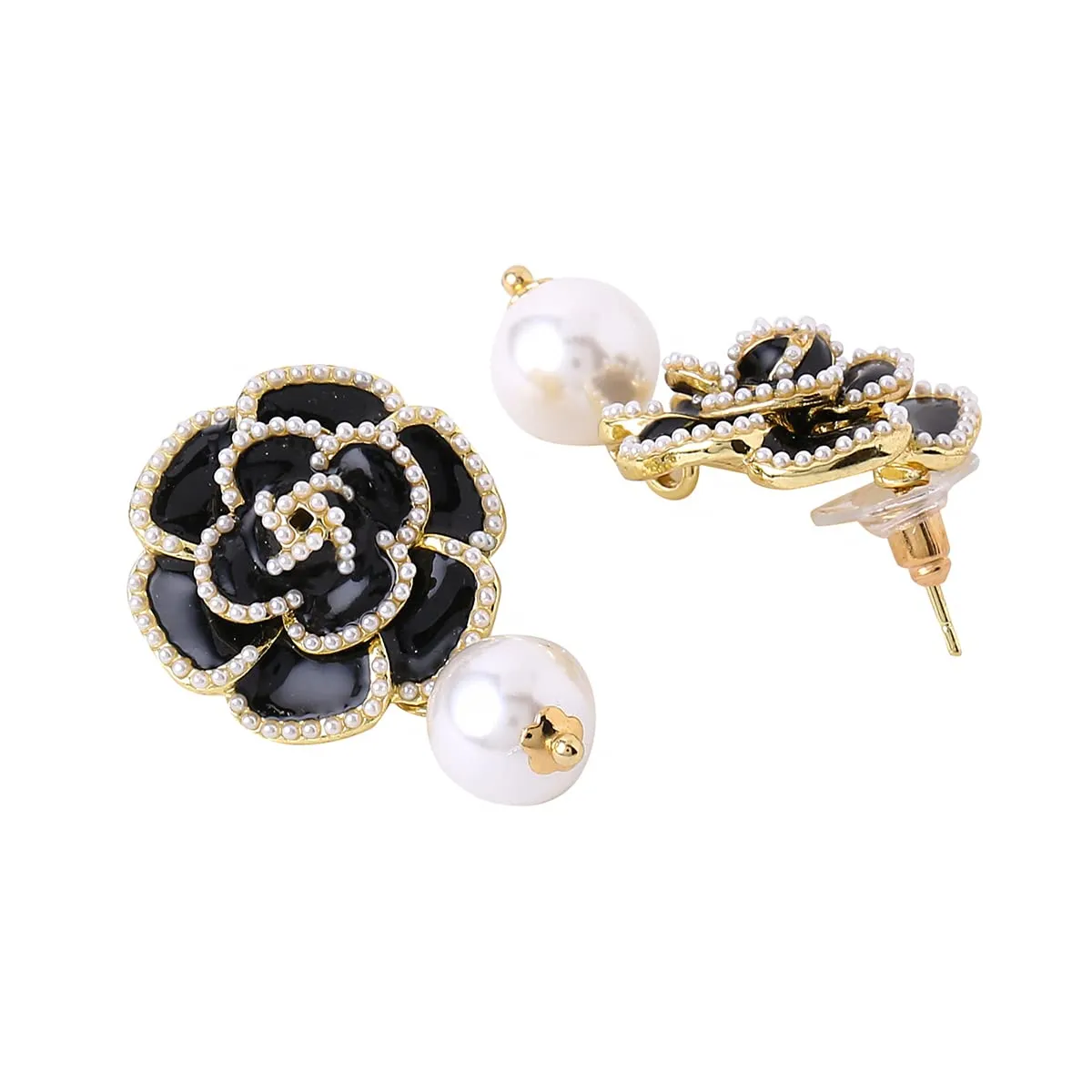 Yellow Chimes Earrings For Women Black Color Flower Stud With Pearl Hanging Drop Earrings For Women and Girls