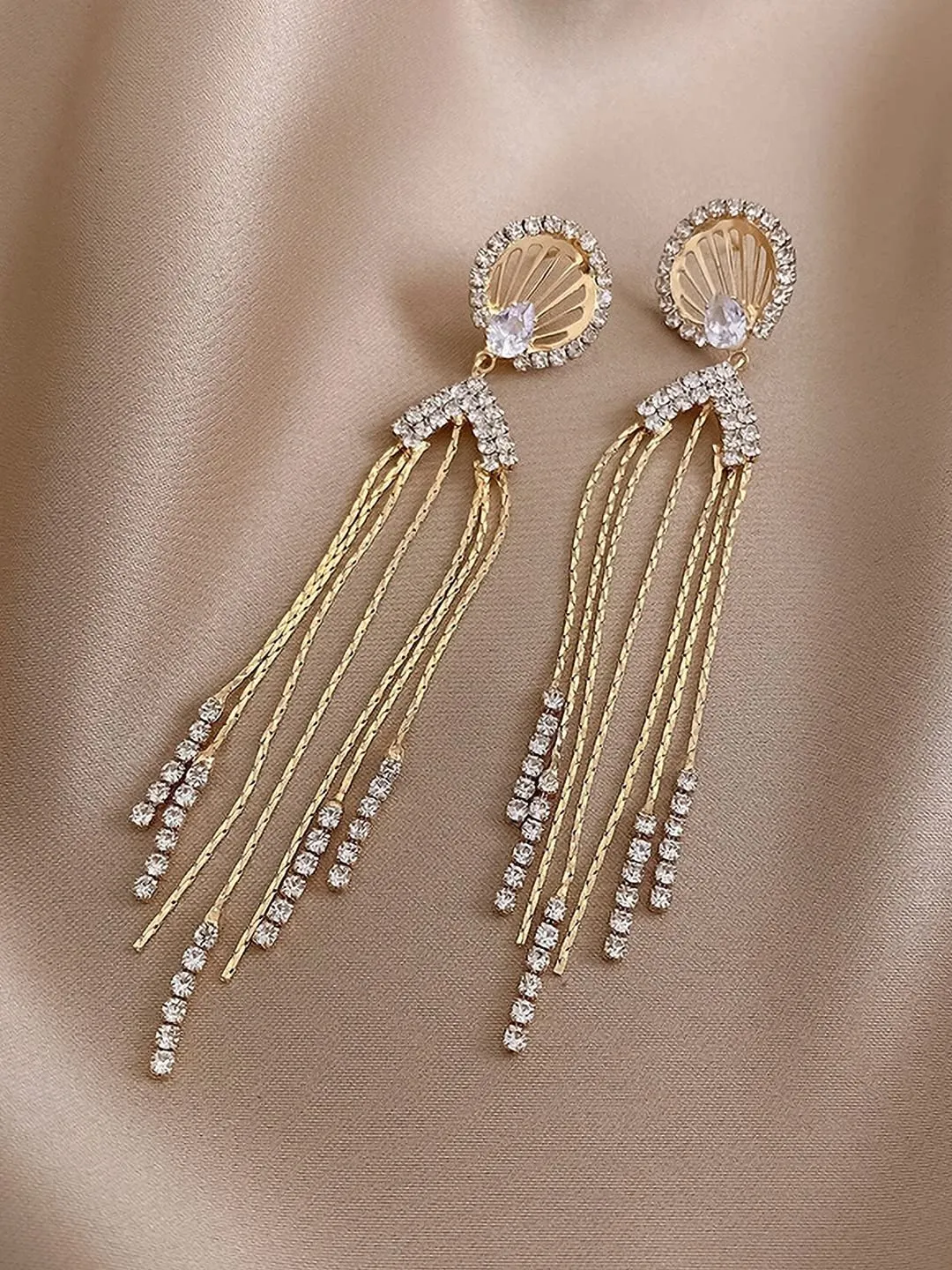 Yellow Chimes Earrings For Women Gold Tone Crystal Studded Long Chain Tassel Fringes Hanging Dangler Earrings For Women and Girls