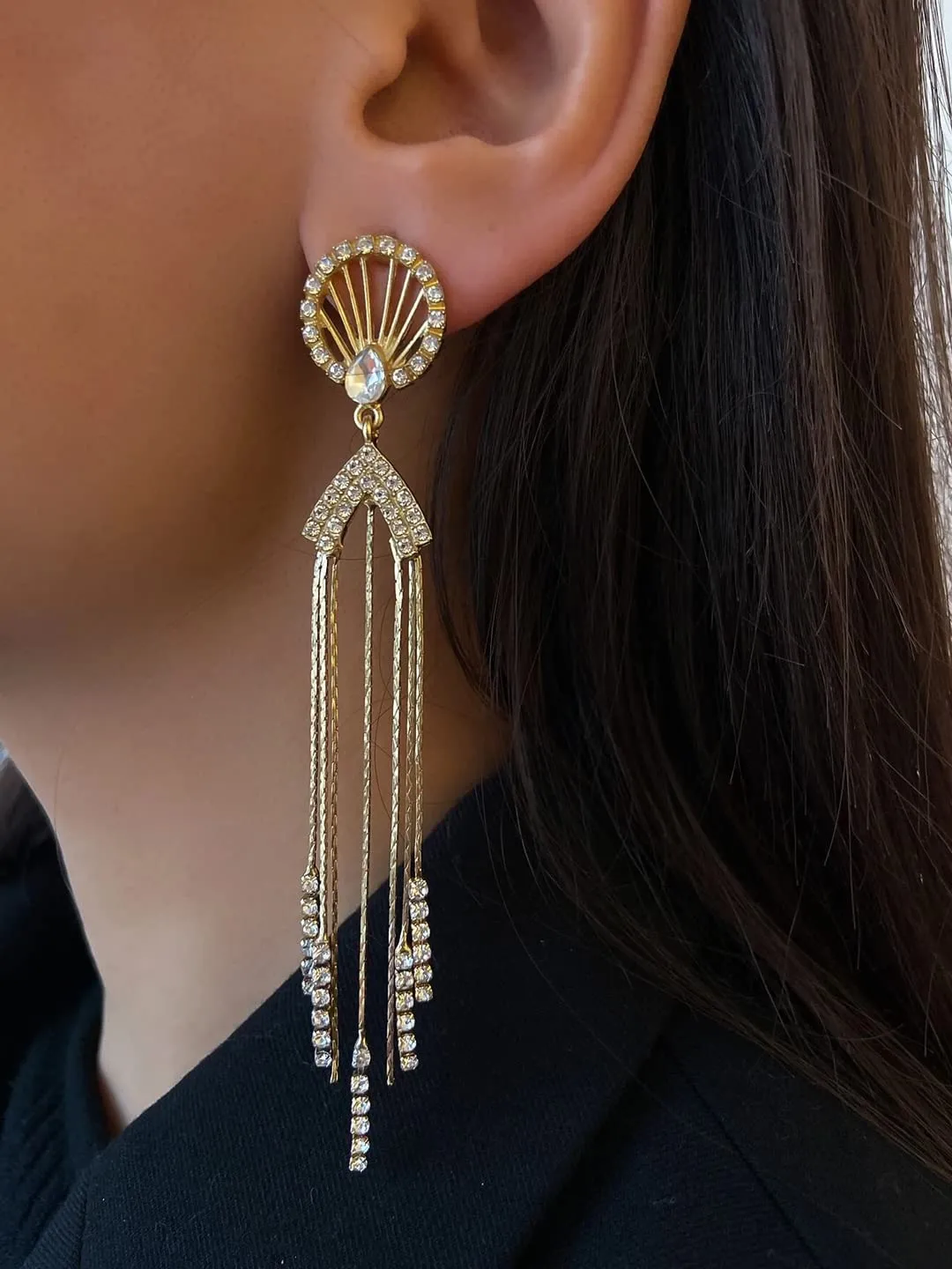 Yellow Chimes Earrings For Women Gold Tone Crystal Studded Long Chain Tassel Fringes Hanging Dangler Earrings For Women and Girls