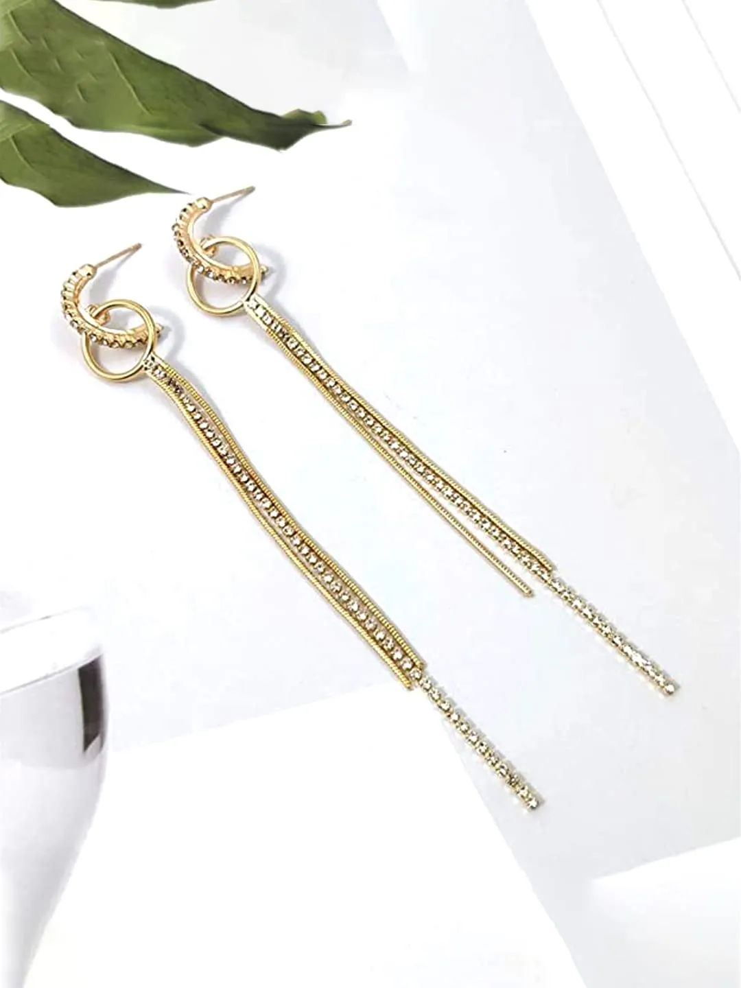 Yellow Chimes Earrings For Women Gold Tone Sparkling Crystal Studded Long Chain Dangler Earrings For Women and Girls