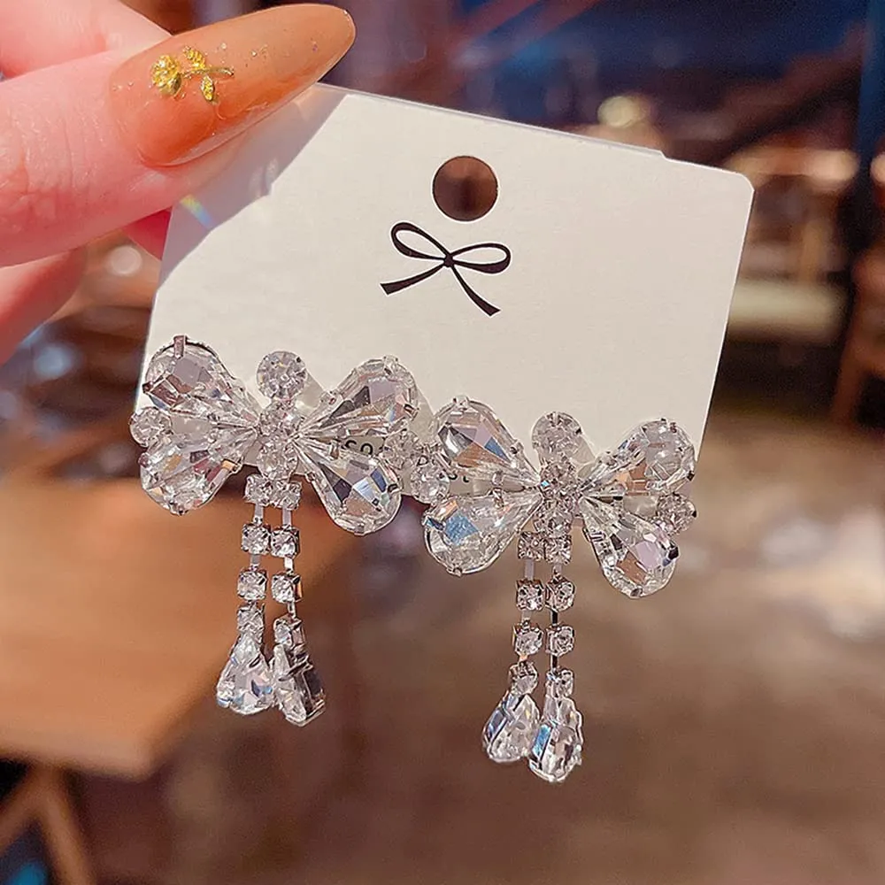 Yellow Chimes Earrings For Women Silver Tone Sparkling Crystal Studded Butterfly Shape Drop Earrings For Women and Girls