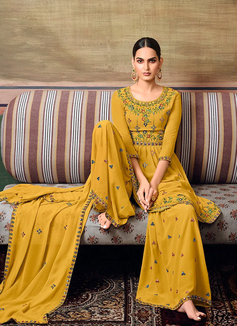 Yellow Traditional Multi Embroidered Georgette Sharara Suit