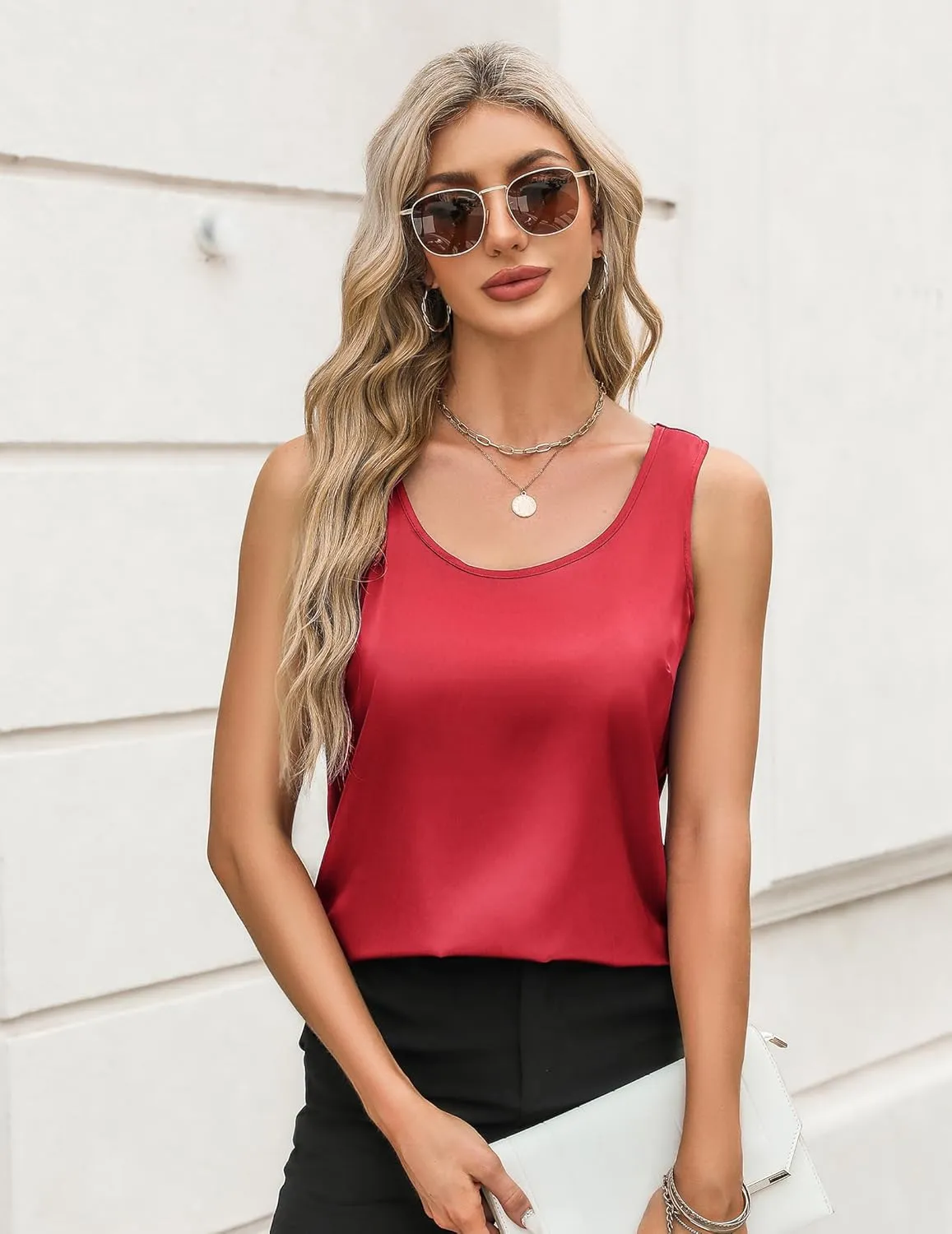 Zeagoo Silk Satin Tank Tops for Women Scoop Neck Sleeveless Tops