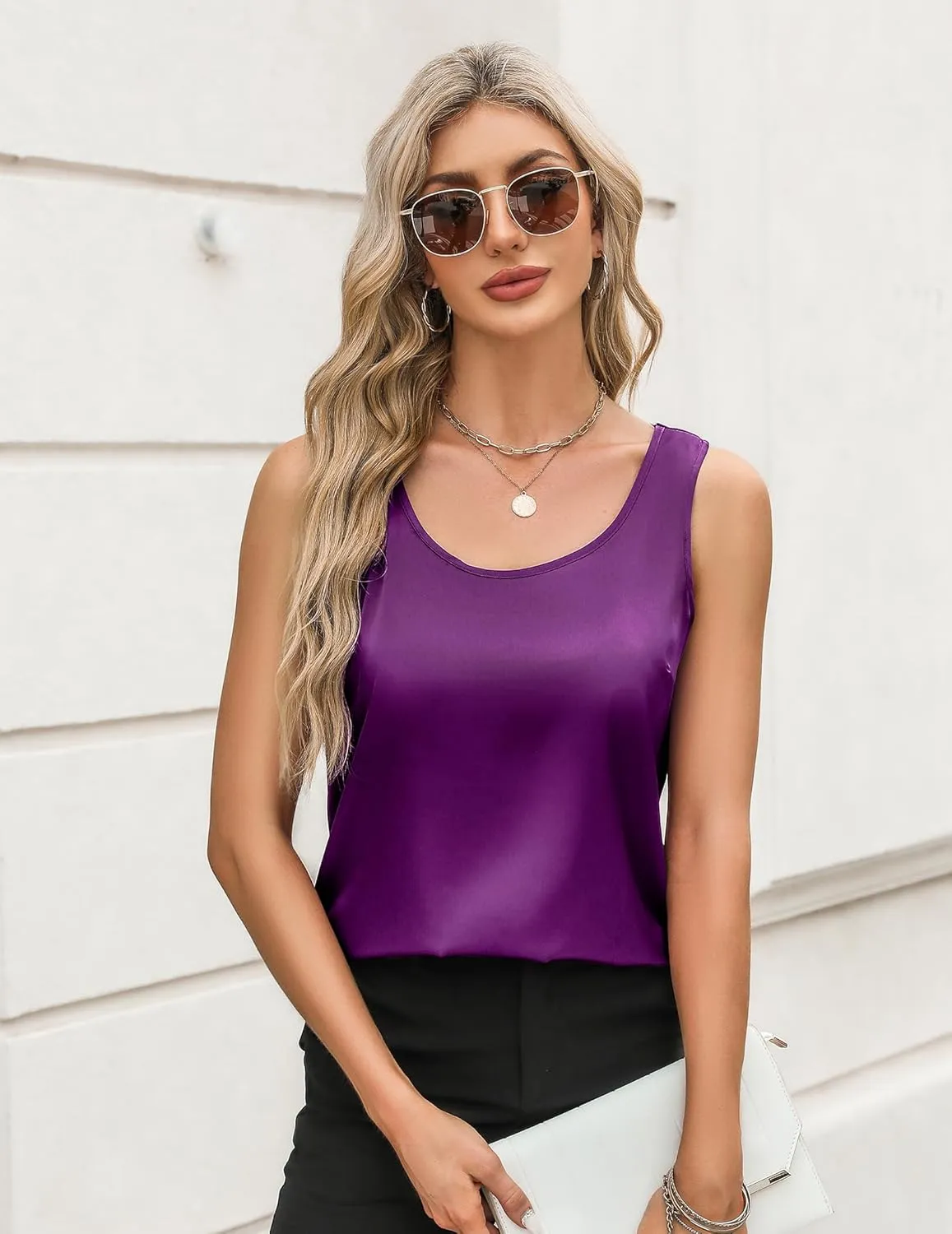 Zeagoo Silk Satin Tank Tops for Women Scoop Neck Sleeveless Tops